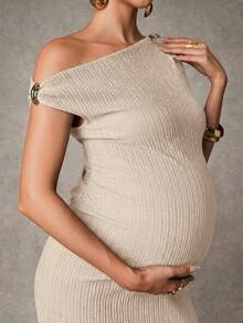 MaterniChic 孕妇纯色不对称领口休闲无袖连衣裙 - 卡其色 - 查看 2