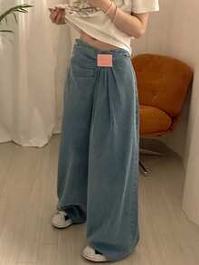 DAZY Jeans casuales anchos y sueltos lavados para mujer - Azul - Ver 2