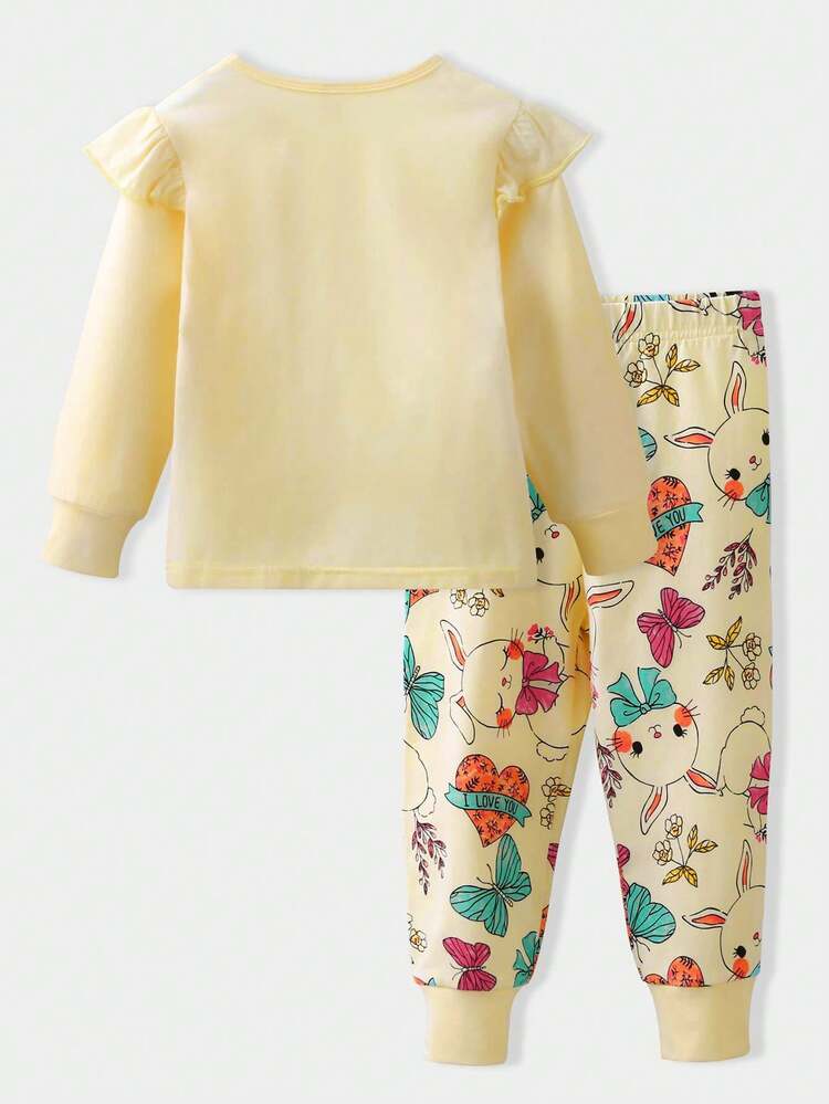 Young Girl Cartoon Graphic Ruffle Trim PJ Set