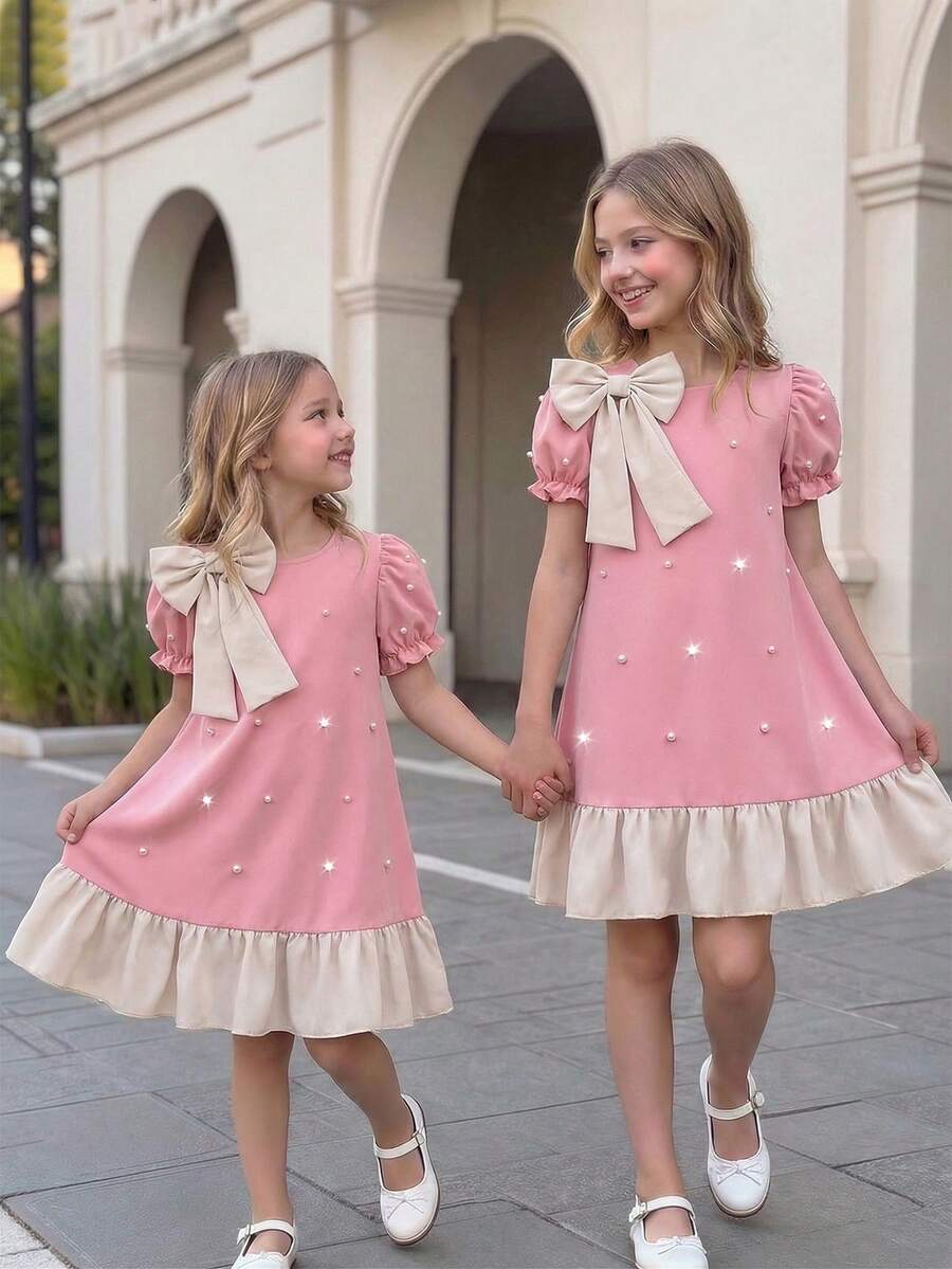 Elladie kids 女童夏季新款圆领荷叶边泡泡袖A字连衣裙,杏色花卉蕾丝,前褶设计,可拆卸蝴蝶结,优雅复古简约公主风连衣裙,适合派对和休闲穿着 - 粉色 - 查看 1
