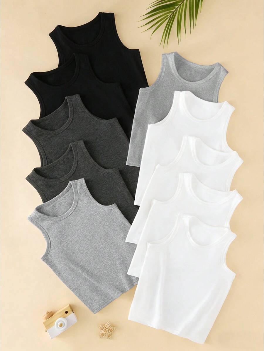 SHEIN 10件装男童舒适休闲无袖打底衫，简约设计风格，易于搭配，弹力透气针织面料，可机洗，穿着舒适，易于打理（5件单独出售） - 黑與白 - 查看 1