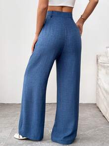 SHEIN PETITE Women's Elegant Vacation French Style Linen-Look Blue Pants, Suitable For Commuting - Blue - View 2