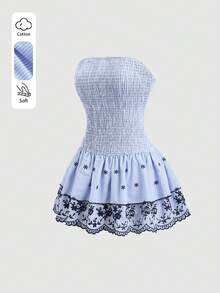 Sweetra Spring/Summer New Strapless Double Ruffle Hem Dress, Casual Vacation Outfit - Blue - View 1
