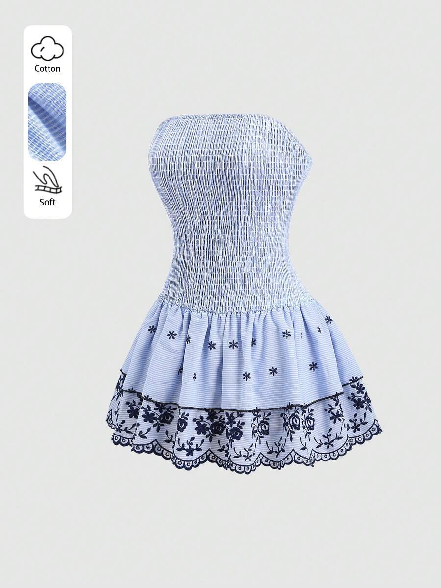 Sweetra Spring/Summer New Strapless Double Ruffle Hem Dress, Casual Vacation Outfit - Blue - View 1