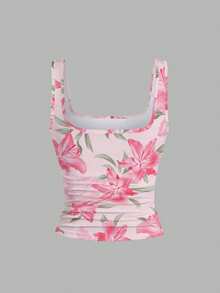 Flirla Áo ba lỗ cổ vuông xếp ly thường ngày đa năng cho nữ cỡ lớn - Nhiều màu - Xem 6