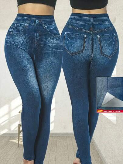 SHEIN LUNE Pantalones ajustados de mujer con estampado de efecto denim, con diseño sexy y de moda para tallas grandes