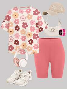 两件套少女休闲多巴胺粉色碎花宽松圆领短袖T恤和紧身骑行短裤套装，舒适柔软，适合春夏日常穿着、外出、度假、复活节等场合。 - 彩色 - 查看 3