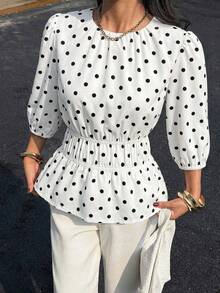 Siren Gaze 女士时尚休闲新款波点花瓣袖衬衫 - 白色 - 查看 5