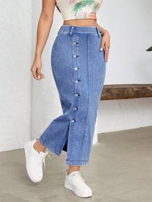 Flexra Front Button Fitted Denim Skirt - Blue - View 3