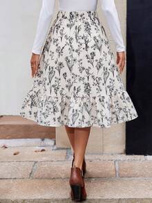 SHEIN LUNE 碎花印花弹力腰荷叶边下摆休闲半身裙波西米亚风半身裙女士夏季穿搭碎花半身裙女裙女装半身裙 - 杏色 - 查看 4