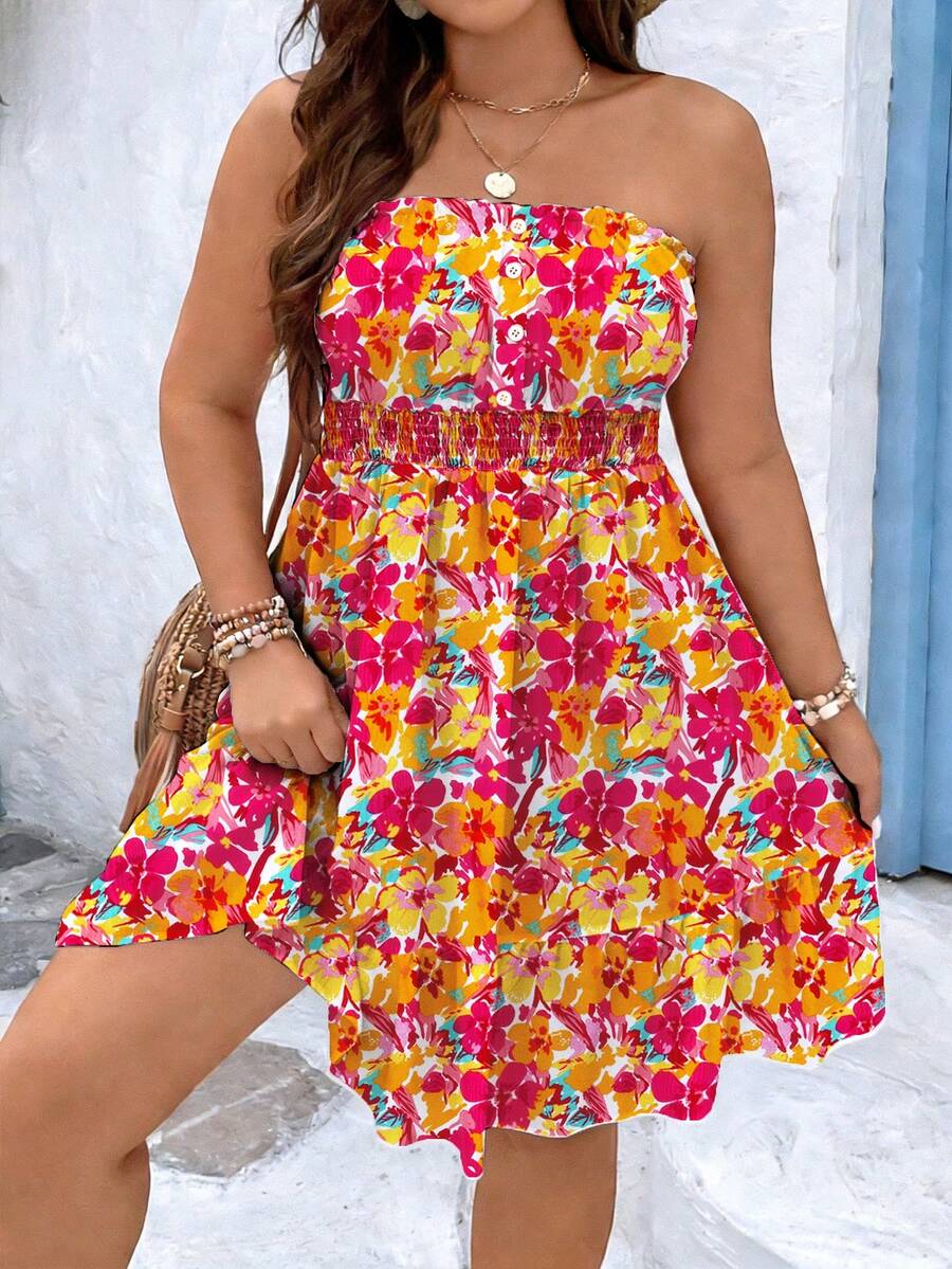 Ceyna 大码印花纽扣装饰无肩带夏季连衣裙，收腰设计，适合度假沙滩穿着。女士印花短裙，短款吊带裙，女士度假连衣裙，龙舌兰日出连衣裙，女士夏季连衣裙，女士夏季套装，女士吊带裙，女士度假连衣裙，女士春季连衣裙，沙滩装，度假装，女士夏季连衣裙，女士可爱夏季连衣裙，女士沙滩装，女士春季连衣裙 - 彩色 - 查看 1