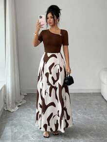 SHEIN Elenzya Abito a-line con scollo a v e vita stretta, con motivo astratto bianco e nero e decorazione con fibbia elegante per uso quotidiano, vacanza, pendolarismo, San Valentino, appuntamento, streetwear, festa, primavera/primavera-estate - Castano - Visualizzare 7