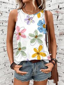 EMERY ROSE Casual Dopamine Flower Print Round Neck Tank Top, Plus Size For Women, Suitable For Summer - Multicolor - View 4