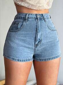 Dayanna Comas Quần short denim dạo phố thường ngày chữ A mùa hè cho nữ, gợi cảm và sang trọng - Rửa nhẹ - Xem 3