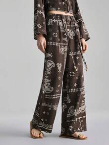 Ontre 女士复古抽绳直筒宽松休闲裤 - 棕色 - 查看 3