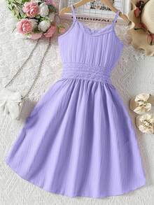 SHEIN Vestido De Encaje Con Tirantes De Contraste Para Niñas Preadolescentes - Morado - Ver 1