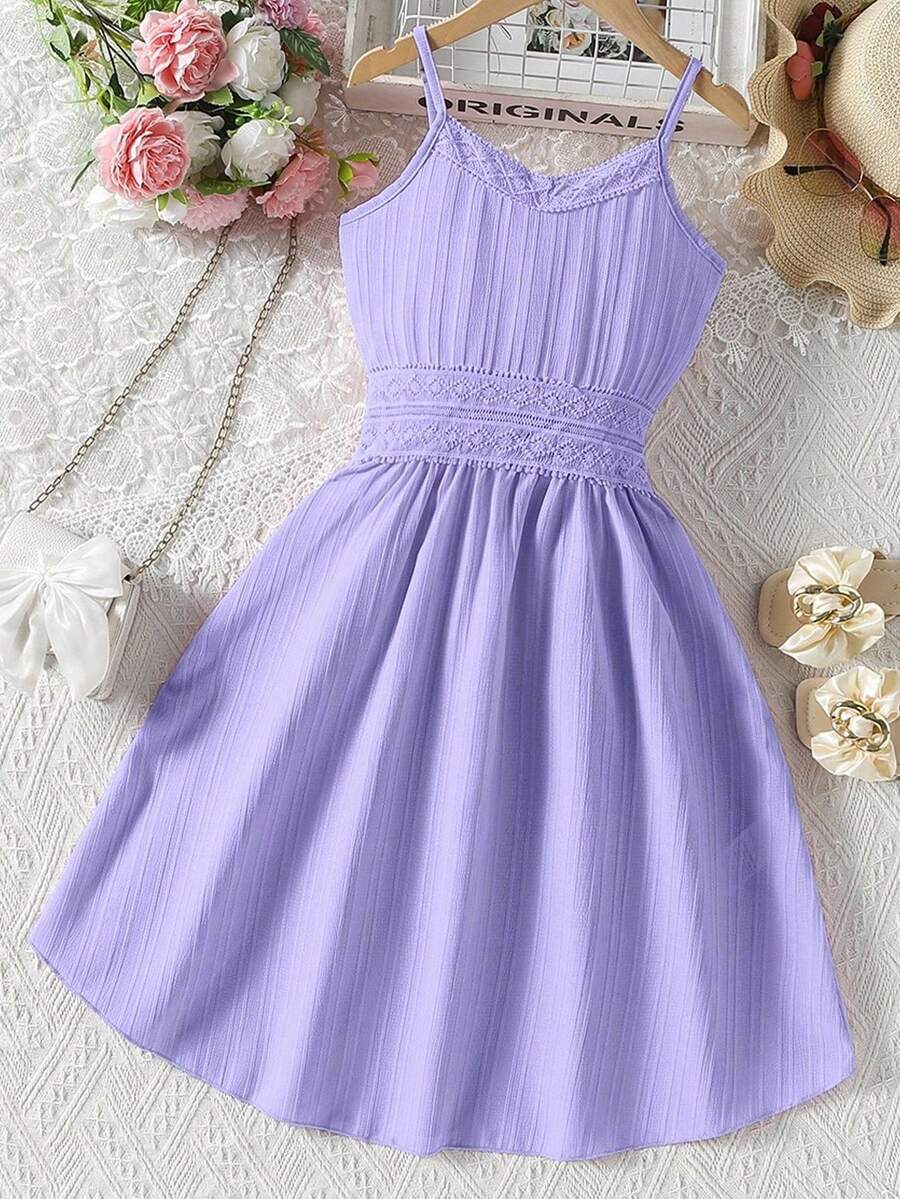 SHEIN Vestido De Encaje Con Tirantes De Contraste Para Niñas Preadolescentes - Morado - Ver 1