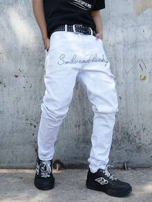 Manfinity EMRG Quần jean denim trắng rách, ôm sát, co giãn, thêu họa tiết hip-hop Mỹ. - trắng - Xem 4