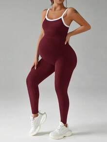 SHEIN Maternity Contrast Color Camisole & Pants Set,Word Cup - Burgundy - View 7