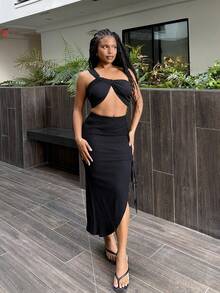 Tyla Gomez 不對稱領口飾帶打結褶皺夏季上衣和裙子套裝 - 黑色 - 查看 5