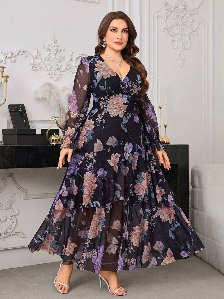 Modelyn Women's Cross V-Neck Long Sleeve Ruffle Waist Elastic Net Printed Elegant Romantic Vacation Plus Size Dress - Multicolor - View 1