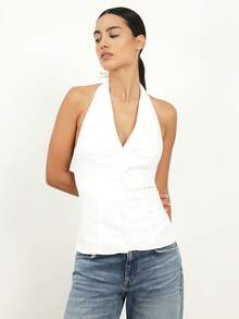 KSTM 女士白色露背吊带背心，深V领，后背蝴蝶结系带设计，无袖夏季上衣 - 白色 - 查看 1