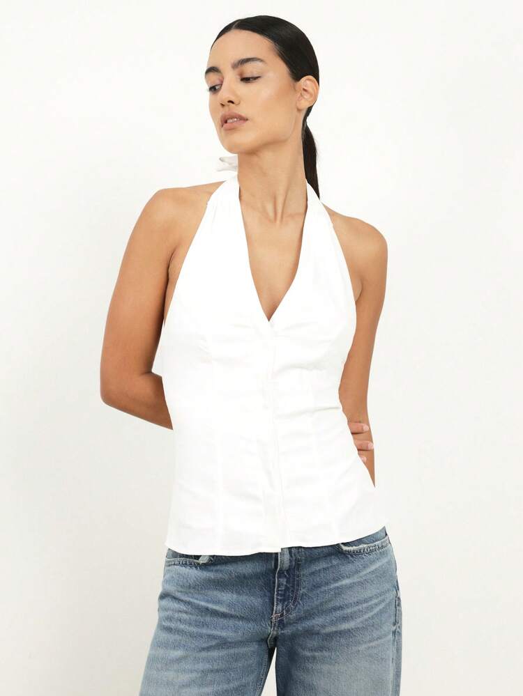 KSTM Women's White Halter Neck Vest Top With Deep V-Neckline And Bow Tie Back Detail Sleeveless Summer Top