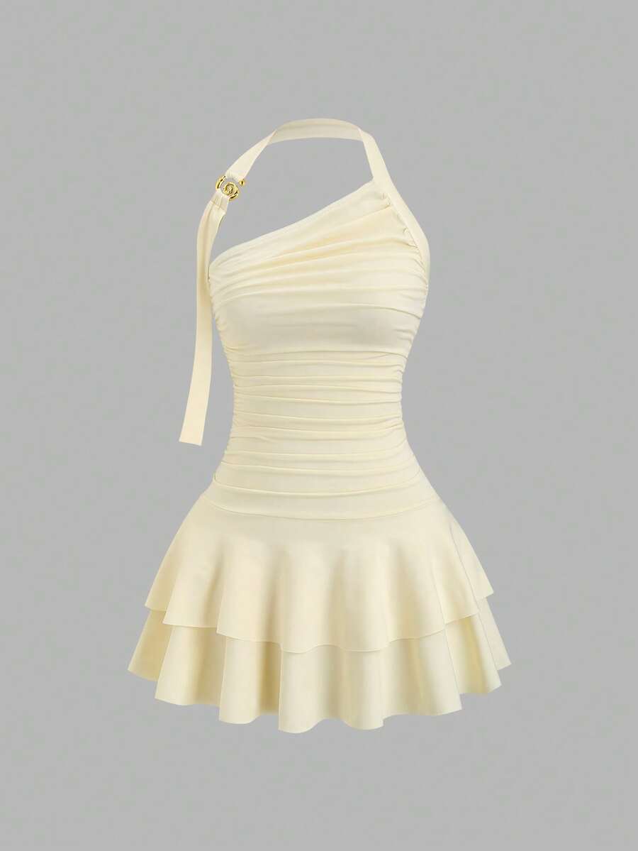 Sweetra New Design Spiral Gold Necklace Cinched Waist Cake Skirt Mini Dress For Women - Light Yellow - View 1