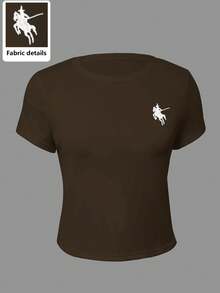 Rina Fox Women's Casual Crew Neck Short Sleeve T-Shirt With Knight Embroidery, Versatile - Brown - View 3