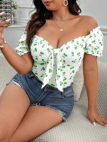Sunnyshic Cherry Stripe Plus Size Off-Shoulder Short Sleeve T-Shirt - Multicolor - View 1