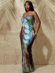 SHEIN SXY Plus Size Dark Blue Abstract Feather Print Strapless Ruched Maxi Dress,V-Shaped Metal Embellishment,Summer Holiday Vacation Night Out Club Bohemian - Multicolor - View 5