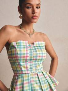 Poéselle 女士春夏新款收腰褶皱优雅衬衫，格子印花上衣，新款复活节套装 - 彩色 - 查看 4