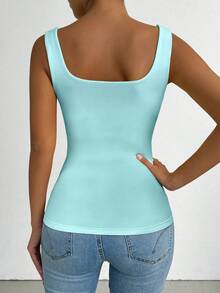 Elenzga Camiseta ajustada de cuello cuadrado de unicolor para mujer de talla grande - Azul - Ver 2