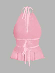 Comfortcana 女士性感纯色褶皱露背吊带背心两件套 - 彩色 - 查看 4