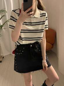 DAZY Women's Distressed Denim Skirt, Korean Street Style - Black - View 3