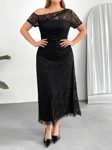 Auralis Plus Size Women Fashionable Elegant Off-Shoulder Lace Dress Lace Dresses For Women An Elegant Women's Formal Dress Plus Size Dress Cocktail Dress - Black - View 6