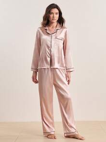 Contrast Piping Satin Top & Pants PJ Set / Pajama Set, Fall Clothes Cozy And Elegant Details, Winter - Champagne - View 5