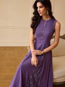 ZEYLAH Women's Round Neck Lace Elegant Waist Cinching Long Party Dress - Purple - View 7