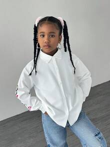 SHEIN Explorewe Tween Girl Oversized White Shirt With Graffiti And Bear Pattern - White - View 6