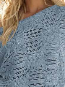 Balvessa 四季新款宽松圆领插肩袖罗纹袖口和下摆镂空图案休闲女式套头毛衣 - 霧霾藍 - 查看 3