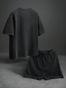 PAVTROS Men's Casual Street Style Outfit, Distressed Fabric, Loose Fit T-Shirt And Drawstring Waist Shorts - Black - View 2