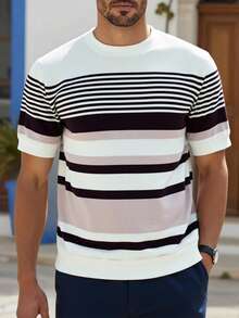 RONVEXI Camiseta de punto de manga corta con cuello redondo y parches de colores, casual y versátil para uso diario - Multicolor - Ver 3