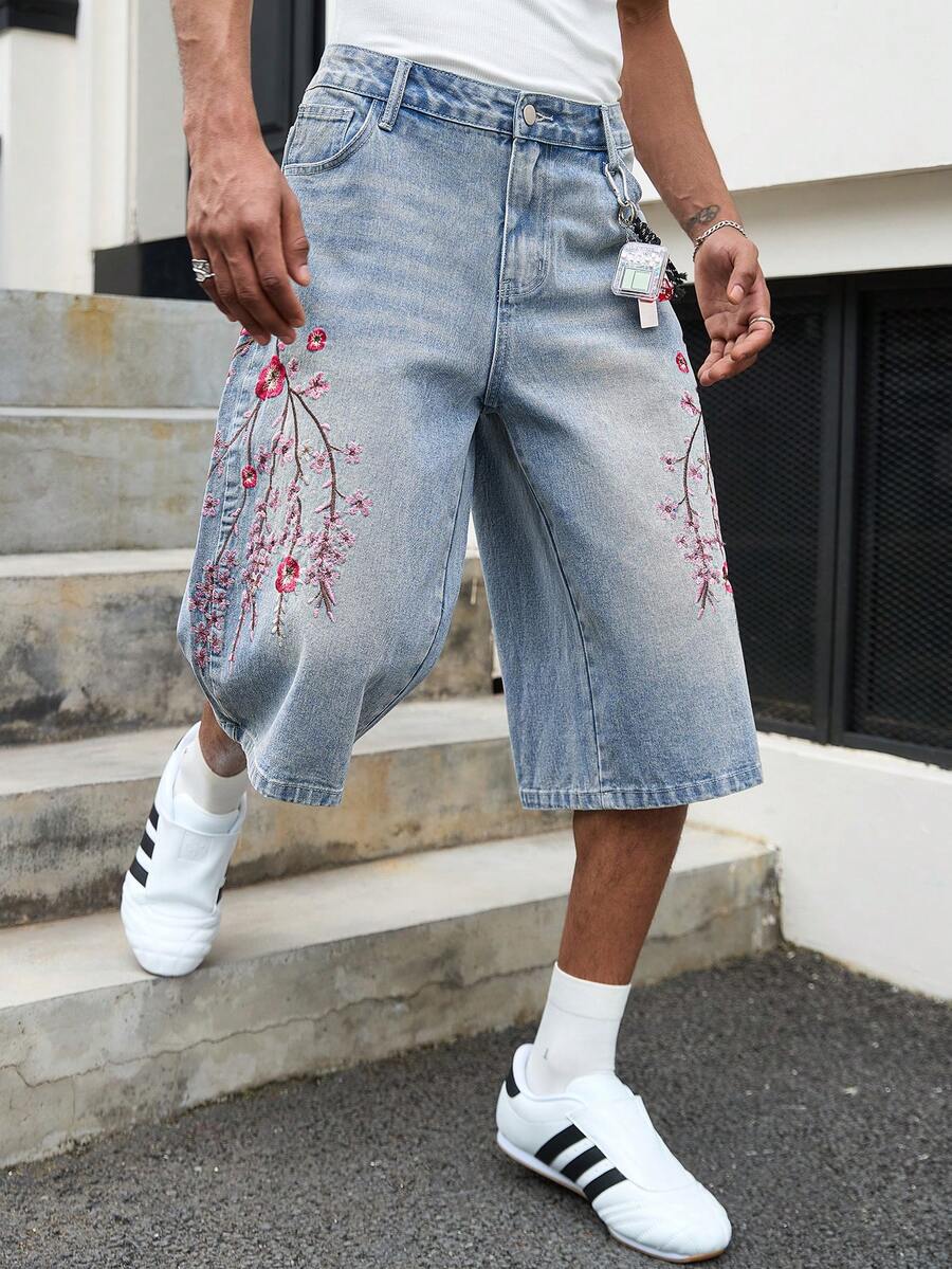 GALLERY FADE Men's Casual Street Style Embroidered Blue Wide Leg Denim Shorts