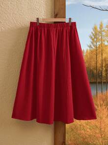 Rusticease Plus Size Women Solid Color Elastic Waist Casual Vacation Skirt - Burgundy - View 3