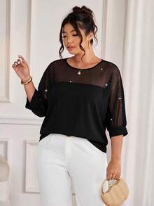 Cravure Camisa de manga 3/4 con cuello redondo y tela de lentejuelas, con puños de tela tejida de color contrastante, manga raglán, para uso casual, vacaciones, viajes y fiestas, talla grande - Negro - Ver 7
