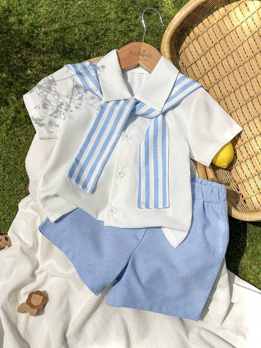 SHEIN Vintaside Kids Baby Boys Short Sleeve Striped Pocket Co-Ords With Sailor Collar In Multicolor Polyester - Multicolor - View 1