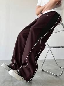 Manfinity EMRG 男士休闲撞色抽绳直筒裤，宽松长款拼接黑色直筒运动裤 - 酒紅色 - 查看 3