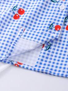 2pcs/Set Blue Plaid Cherry Print Sleeveless Shirt Paired With Plaid Pleated Skirt, Suitable For Spring/Summer Outings, Vacation, And Daily Wear - Multicolor - View 7