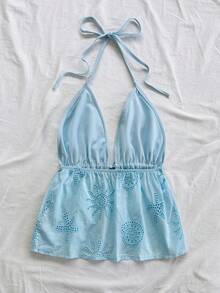 Soleia Women's Knotted Halter Backless Sexy Blouse For Dates And Outings - Baby Blue - View 2