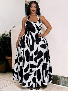 Veslaya Plus Size Women's New 2026 Spring/Summer Music Festival Black & White Print Halter Waist Split Woven Dress, Sleeveless - Multicolor - View 8